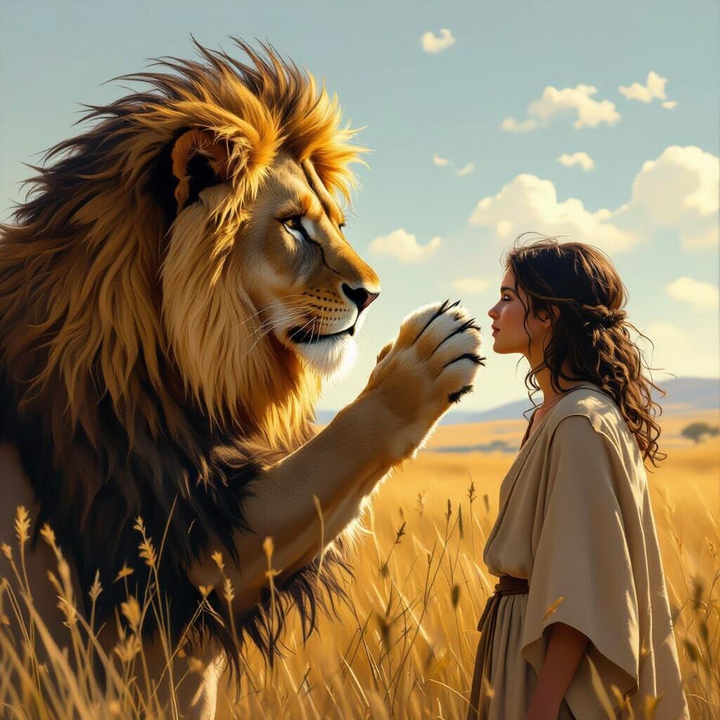 Lion Touches Person's Face in Sun-Drenched Savannah