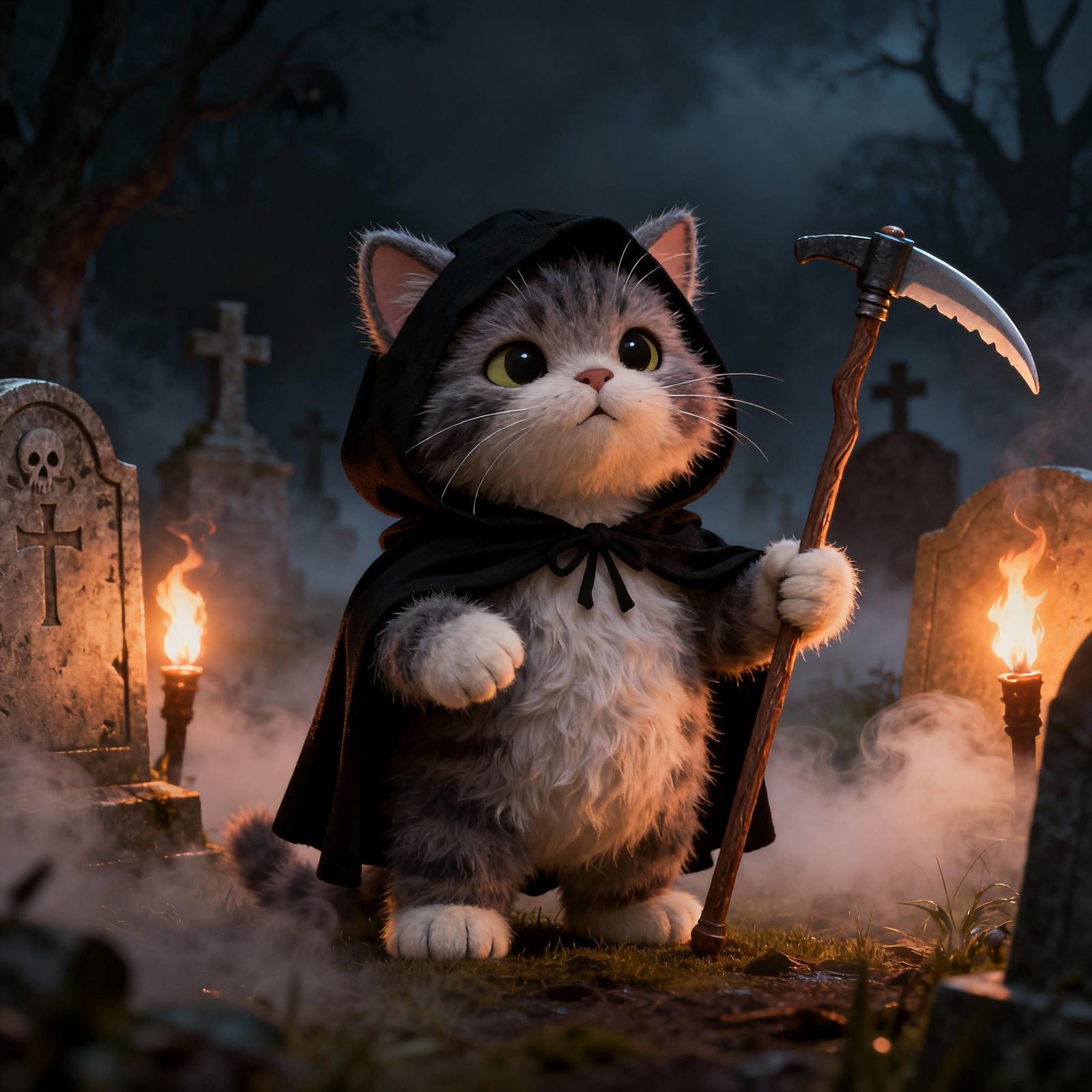 Cute Grim Reaper Kitten in Dark Cemetery