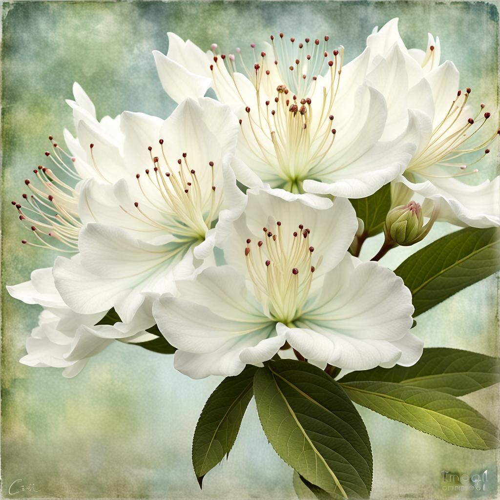 White Rhododendron Close-up in Muted Pastel Colors