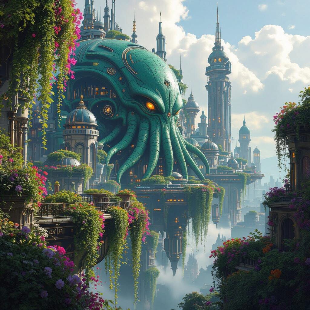 Steampunk Cthulhu City with Hanging Gardens