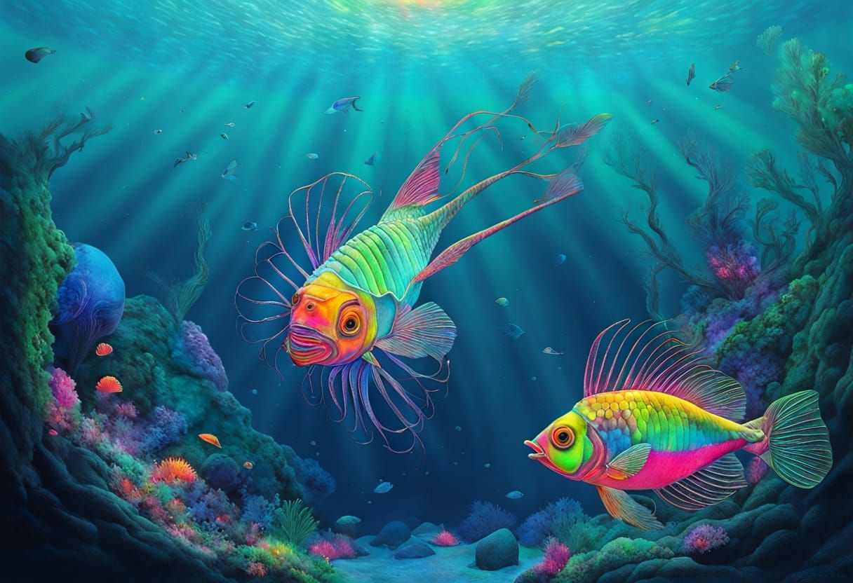 Surreal Underwater Scene: Man's Head Bursting into Pixie Dus...