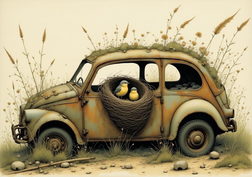 Bird Nesting in Abandoned Car, Watercolor Landscape