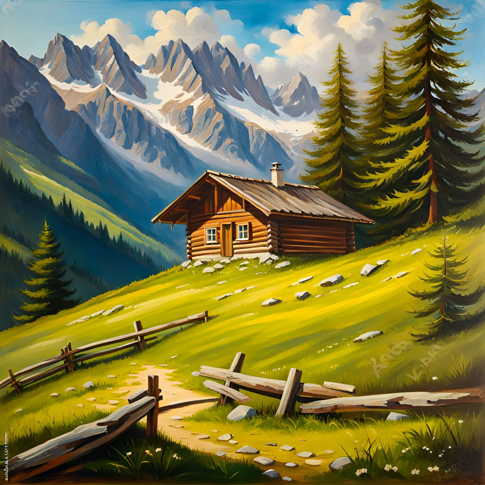Alpine Cabin in Mountain Meadow, 19th Century Oil Painting