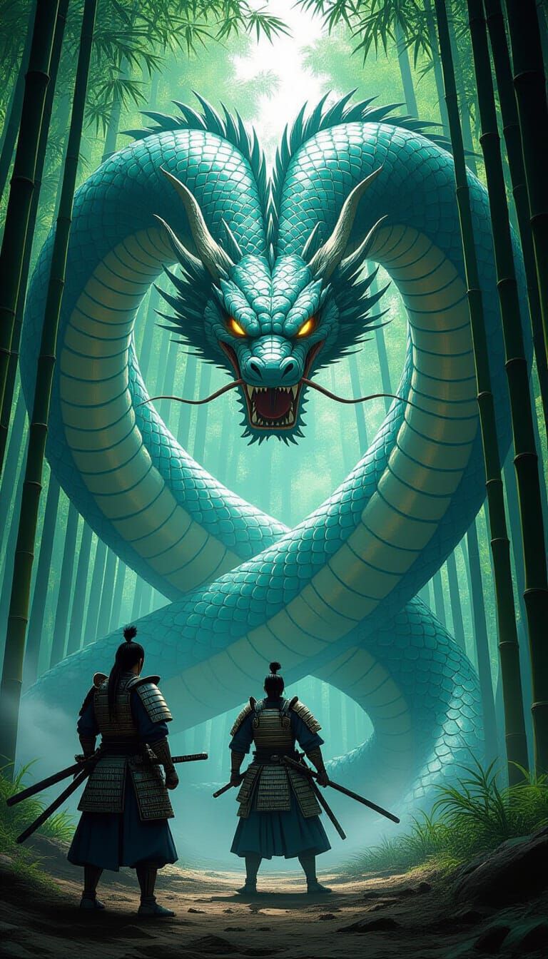 Samurai vs Serpent in Bamboo Forest, Cinematic Style