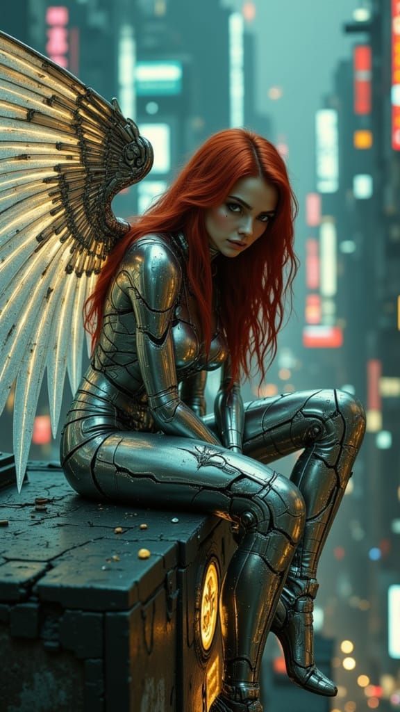 Cyberpunk Angel in Futuristic Dystopia