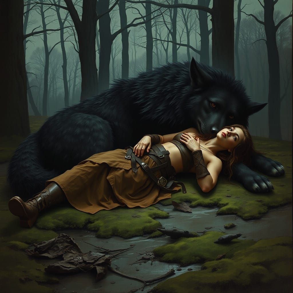 Female Warrior and Wolf in a Dark Fantasy Landscape