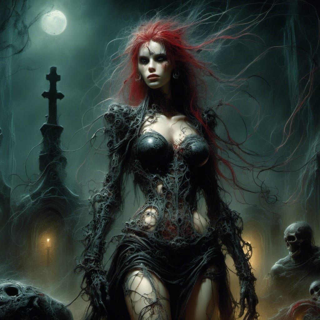 Gothic Punk Woman in Graveyard, Adult Comic Style