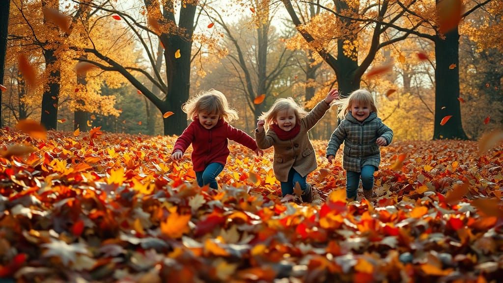 Vibrant Children Play Among Autumn Leaves in Hyperrealistic ...