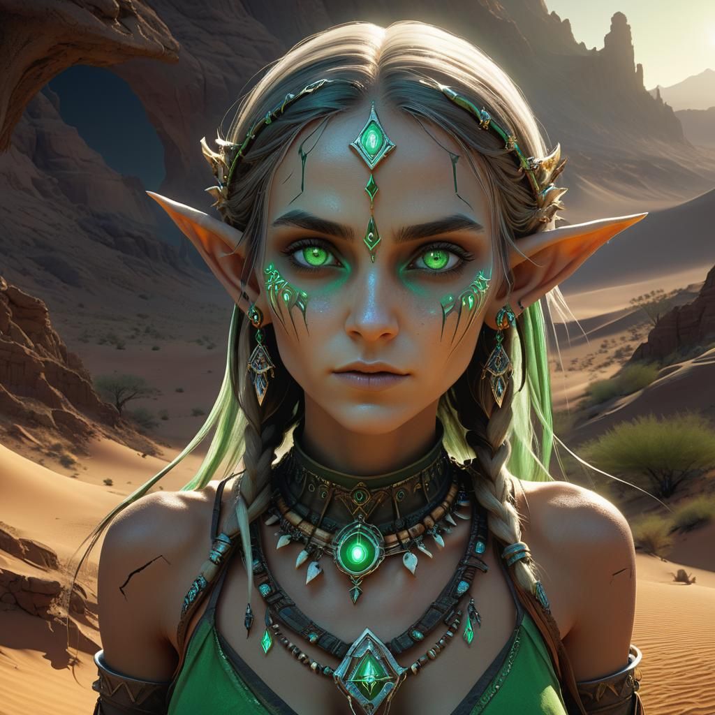 Elf Necromancer in Desert Landscape: Fantasy Art