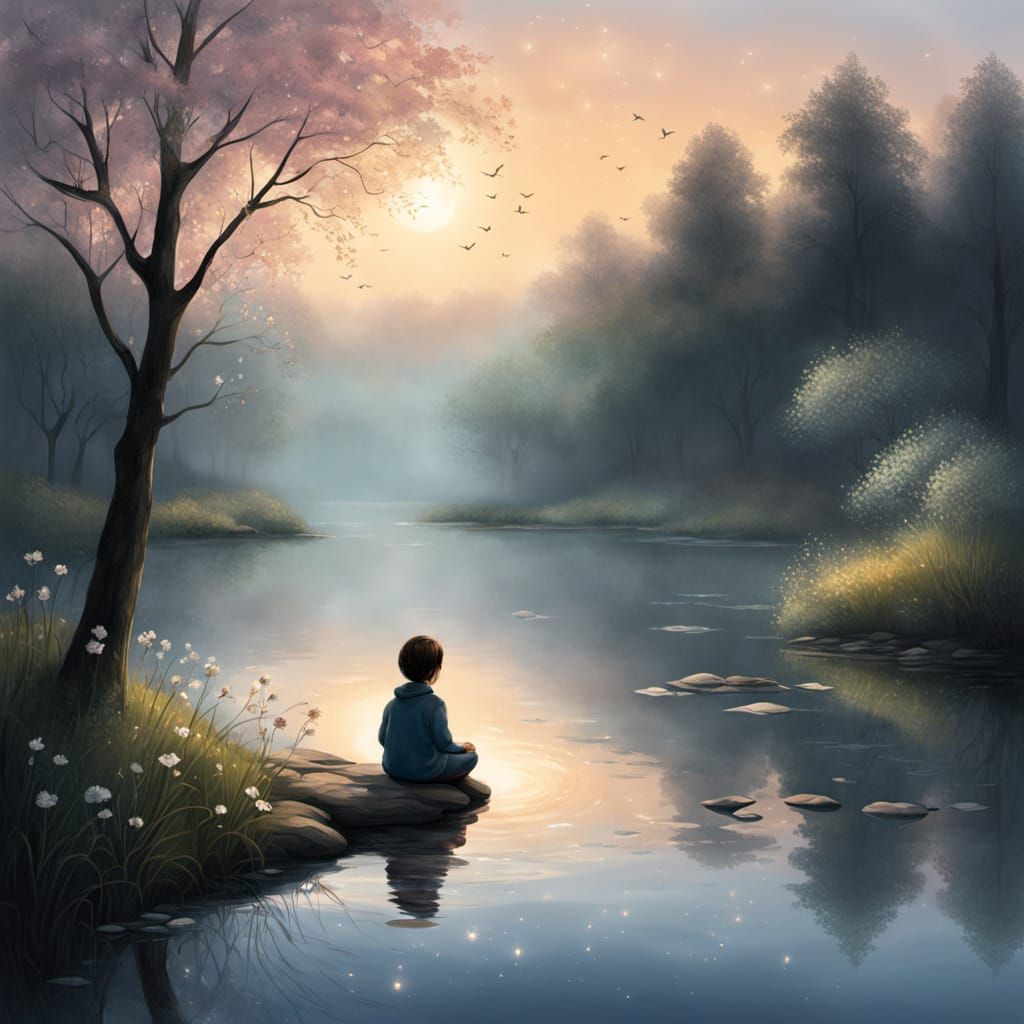 Tranquil Dawn Scene with Child by River