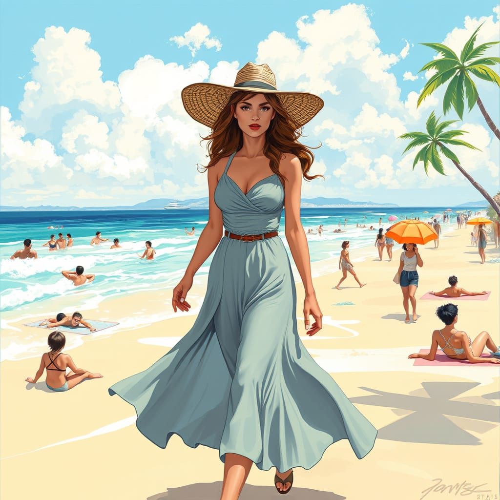 Detective on a Vibrant Beach in Digital Art Style