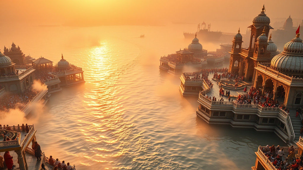 Triveni Sangam: Hyperrealistic Aerial View at Sunrise