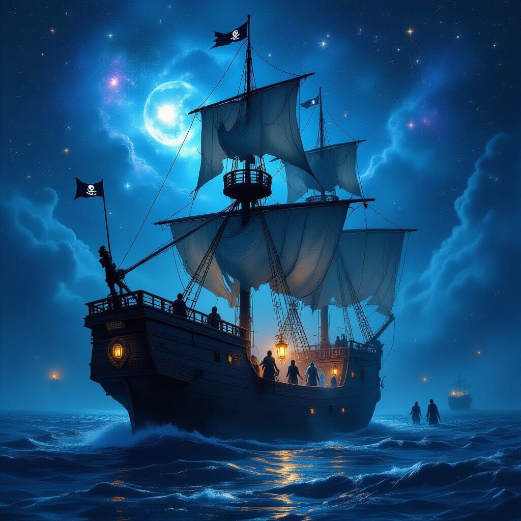 Ghostly Pirate Ship Sails a Starry Cosmos