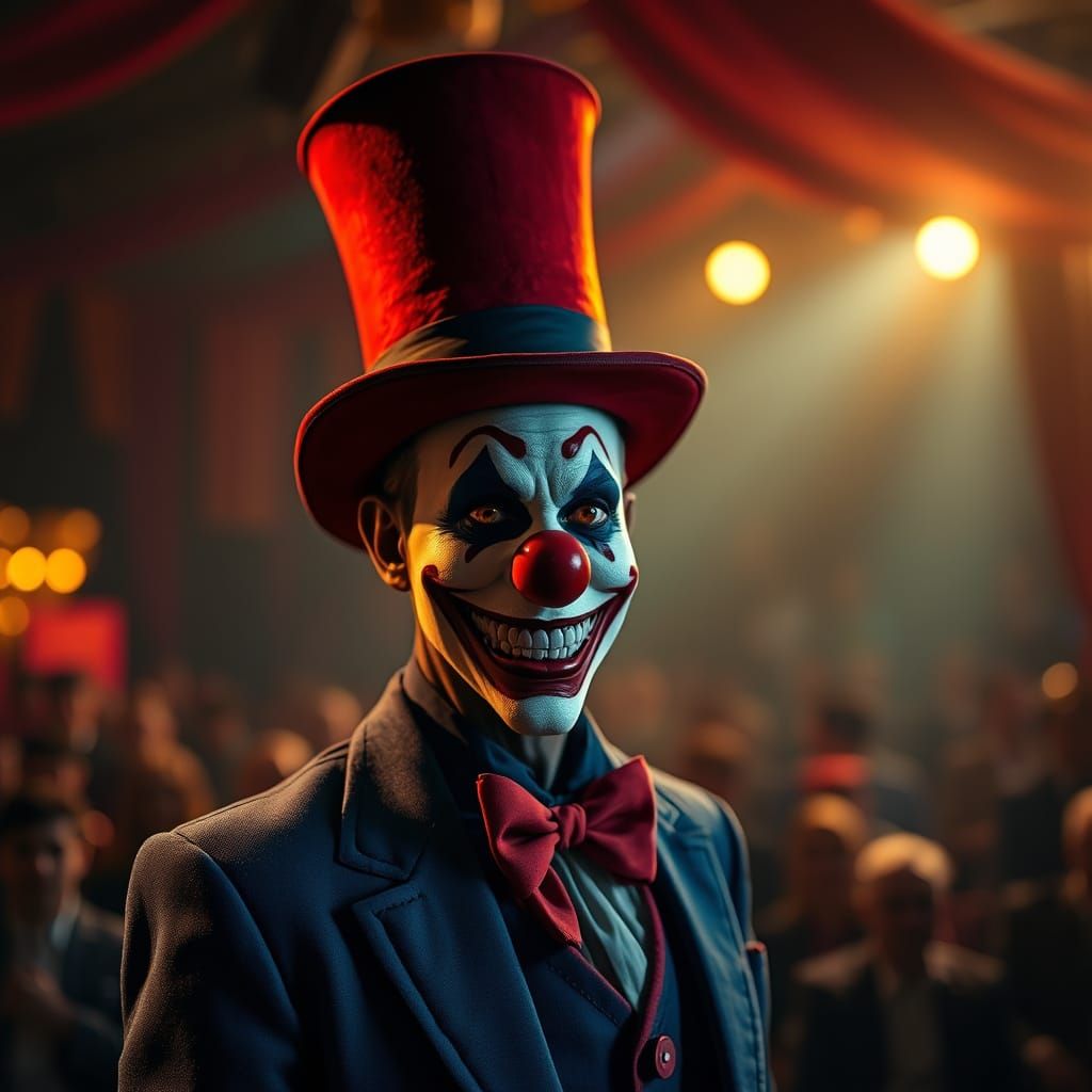 Sinister Clown in a Dimly Lit Circus Scene
