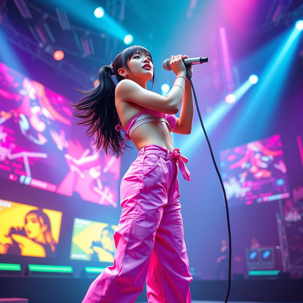 Vibrant Japanese Pop Star Performs on a Futuristic Stage