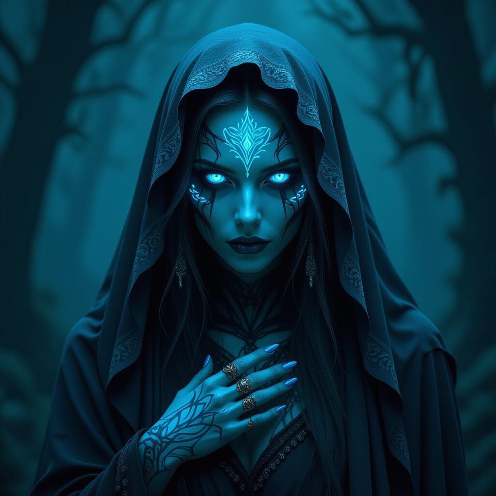 Spectral Banshee Creature with Glowing Blue Tattoos