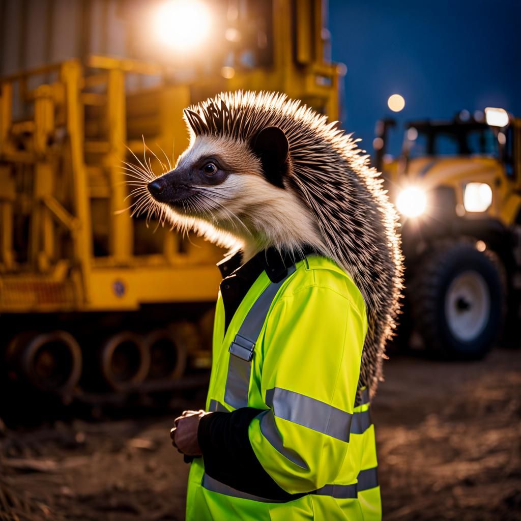 Night Guard and Porcupine on Construction Site
