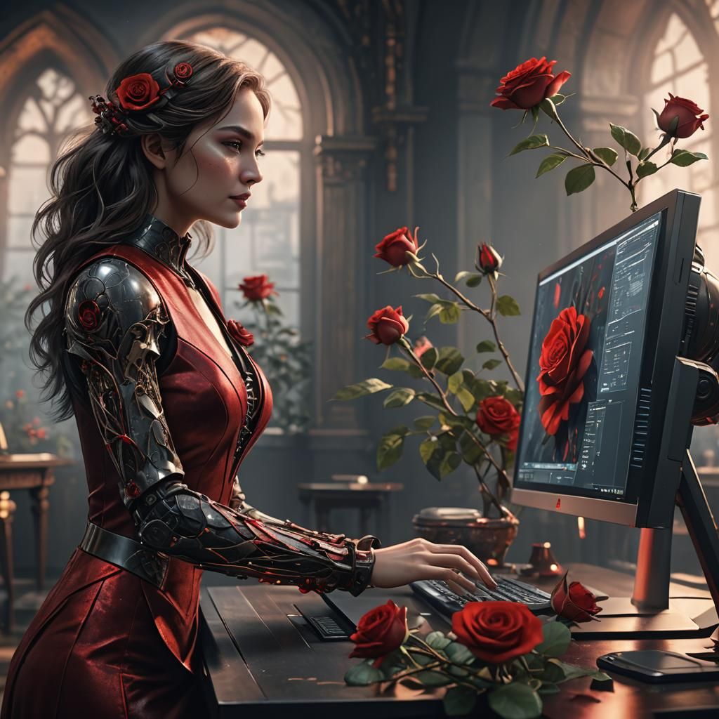AI Woman Reaching for Rose: Fantasy Concept Art