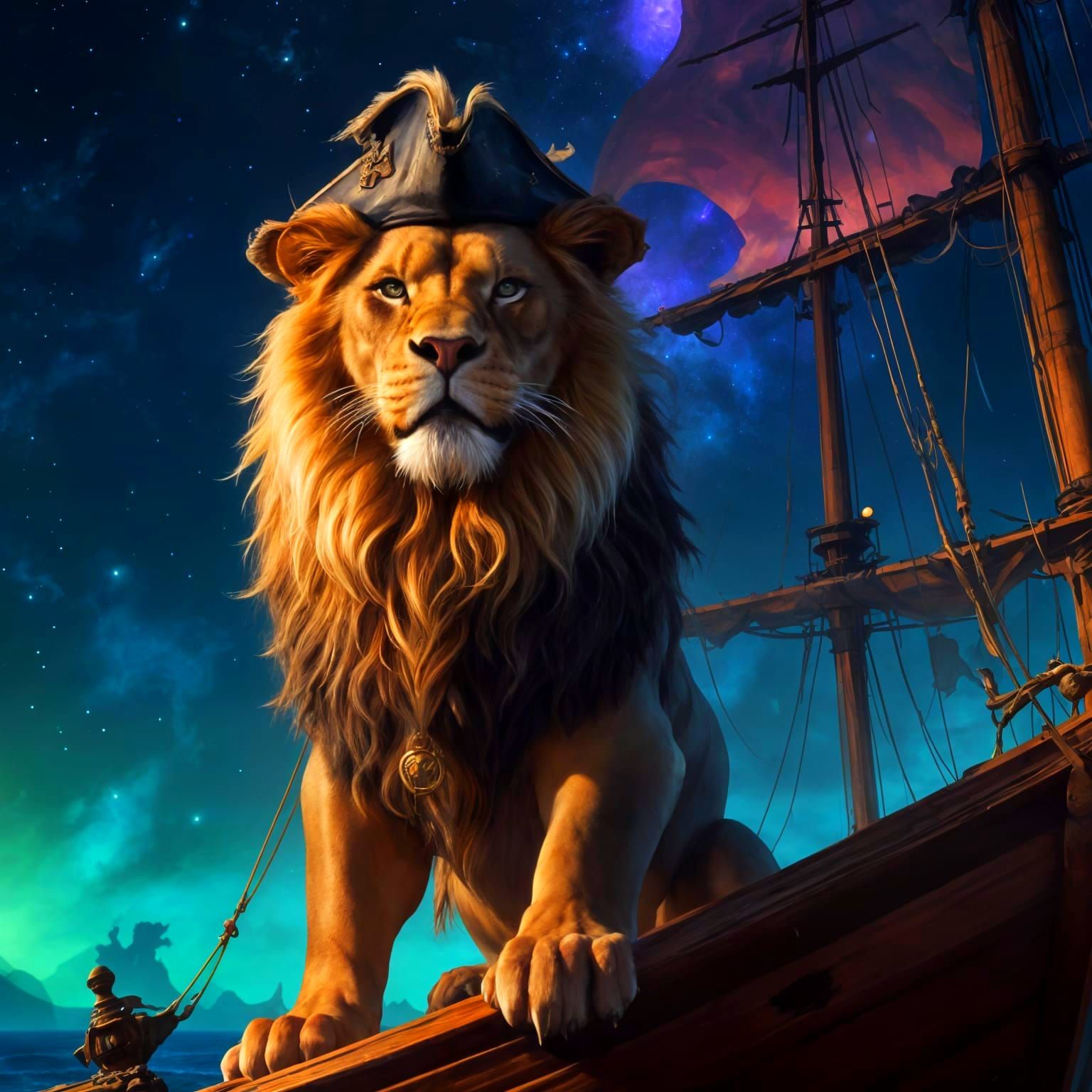 Lion Pirate Sailing a Cosmic Sea in Frazetta Style