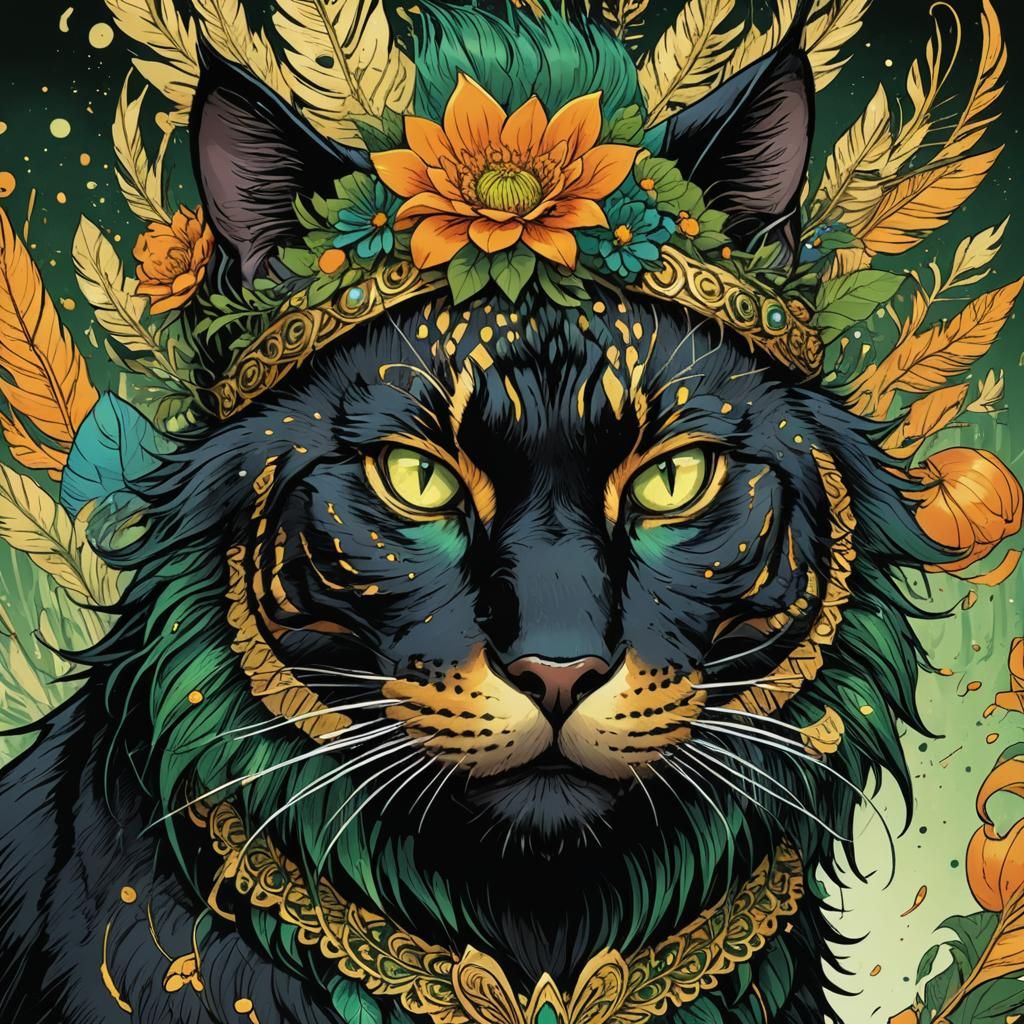 Metallic Cat with Peacock Feathers in Comic Art Style