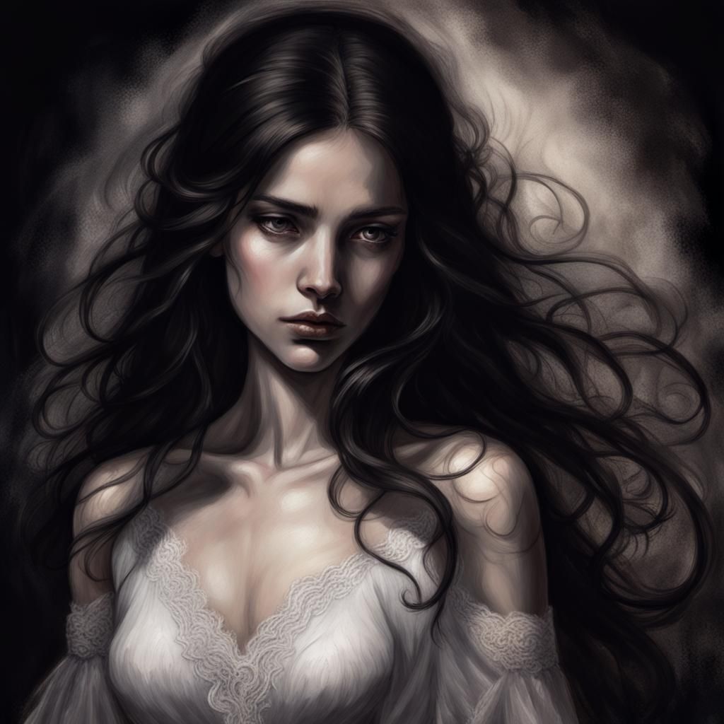 Lilith in Charcoal Drawing with Lace Detail