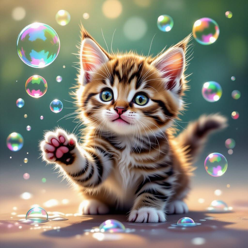 Hyperrealistic Kitten Playing with Bubbles in Splash Art