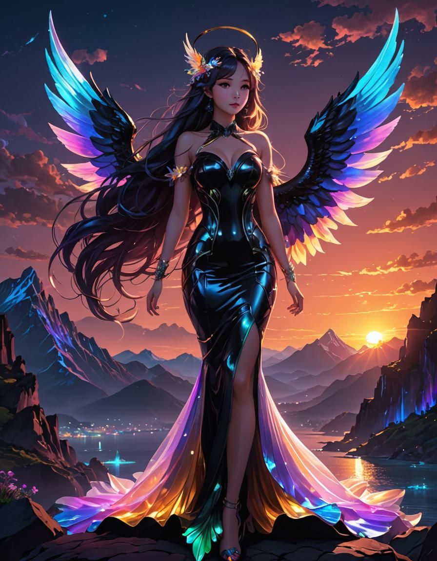 Holographic Mermaid with Angel Wings in Sunset Landscape