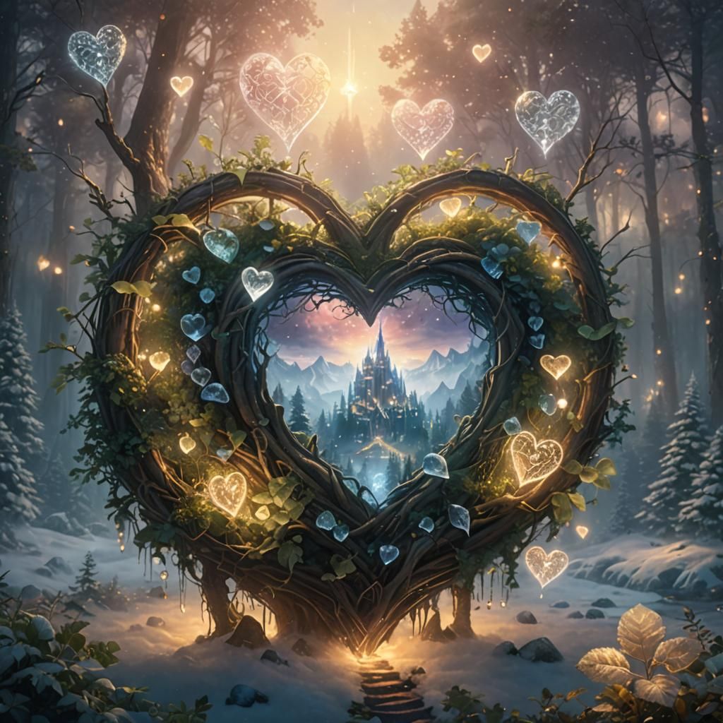 Crystal Heart in Misty Fantasy Landscape