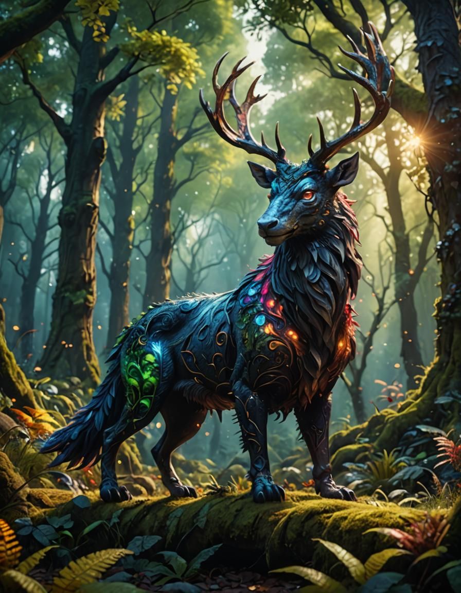 Mystical Creature in Vibrant Forest: Fantasy Concept Art