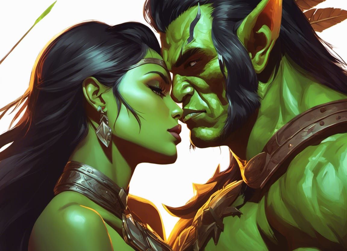 Orc and Fae Kiss: Ethereal Fantasy Illustration