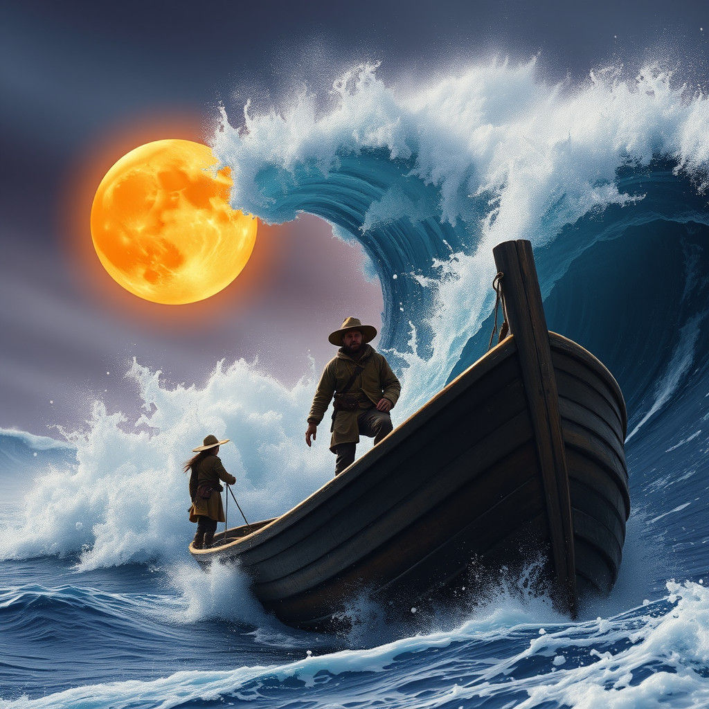 Sailor Versus Colossal Wave Under Orange Moon