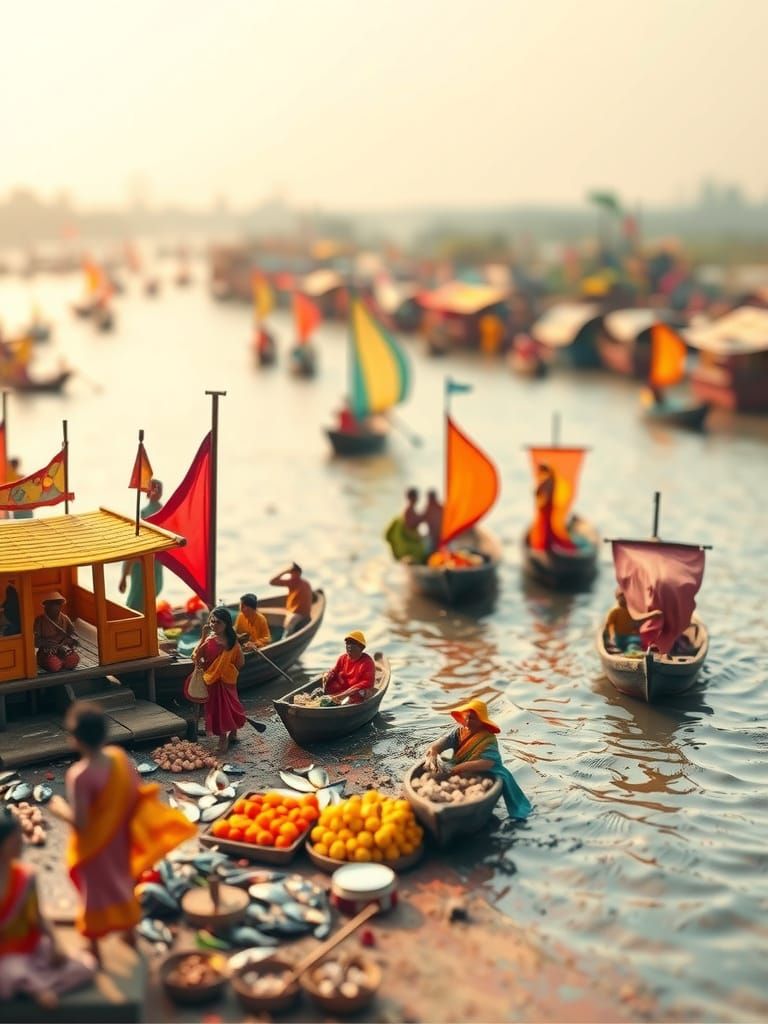 Miniature Sadarghat River Scene with Tiny Boats and People
