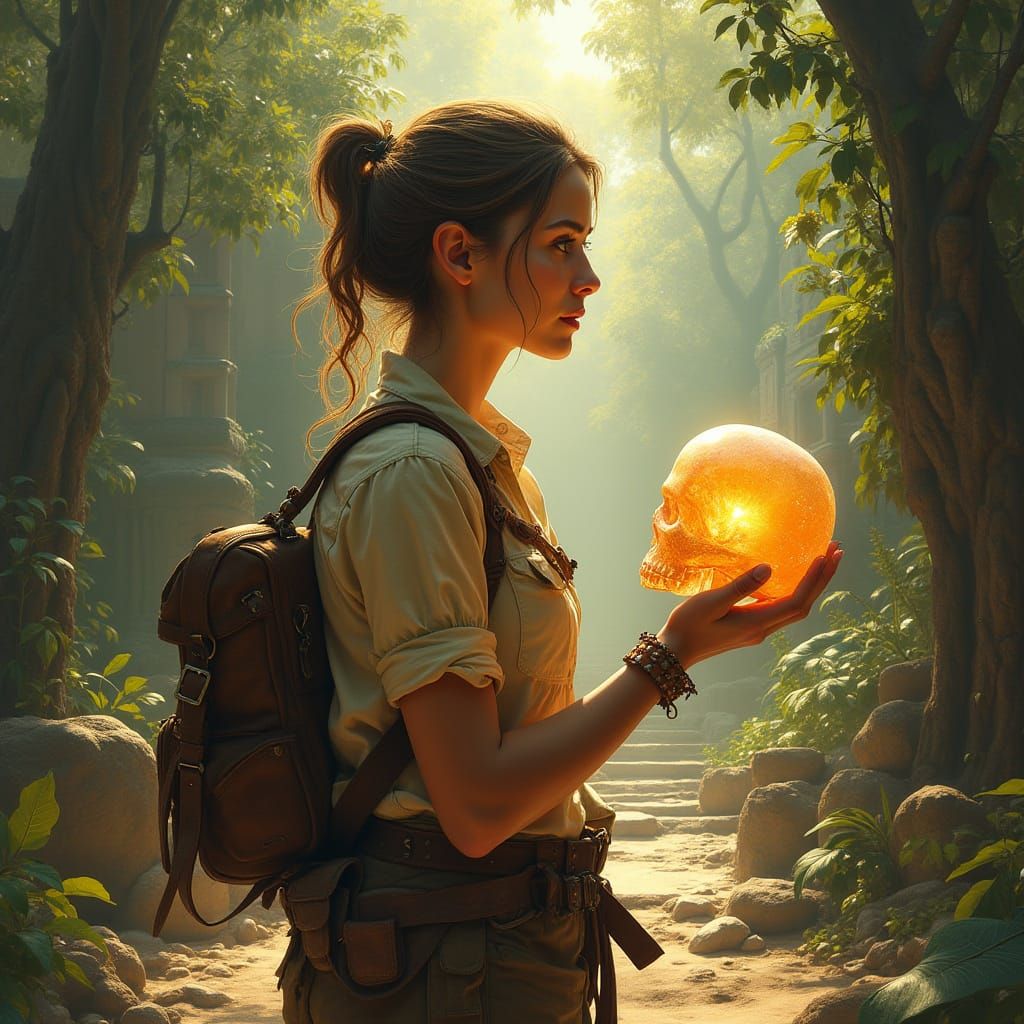 Archaeologist in Jungle Clearing in Fantastical Realism Styl...