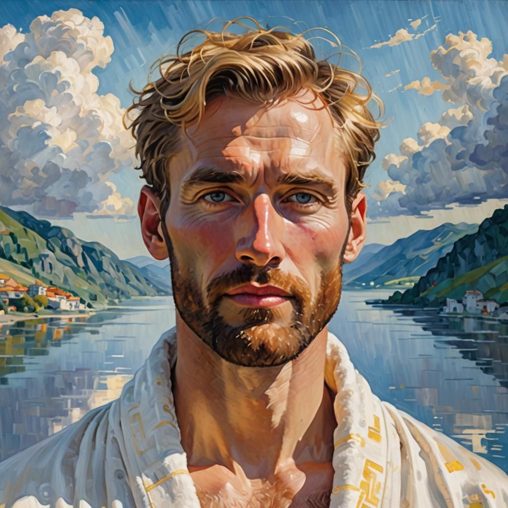 Elegant Gentleman in Velvet Robe by Mountain Lake