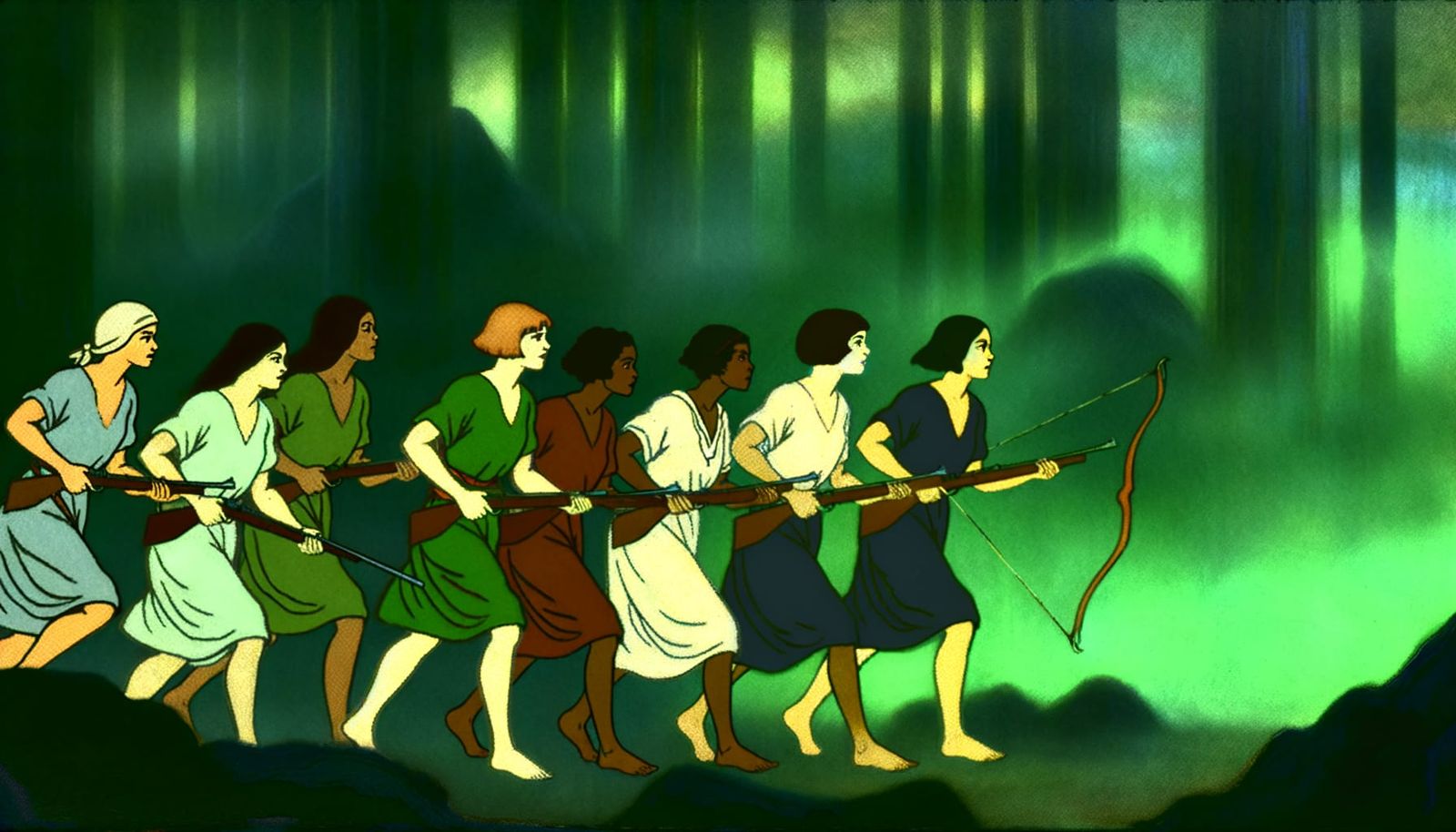 Women Adventuring Through Mystic Forest in Fantasy Illustrat...