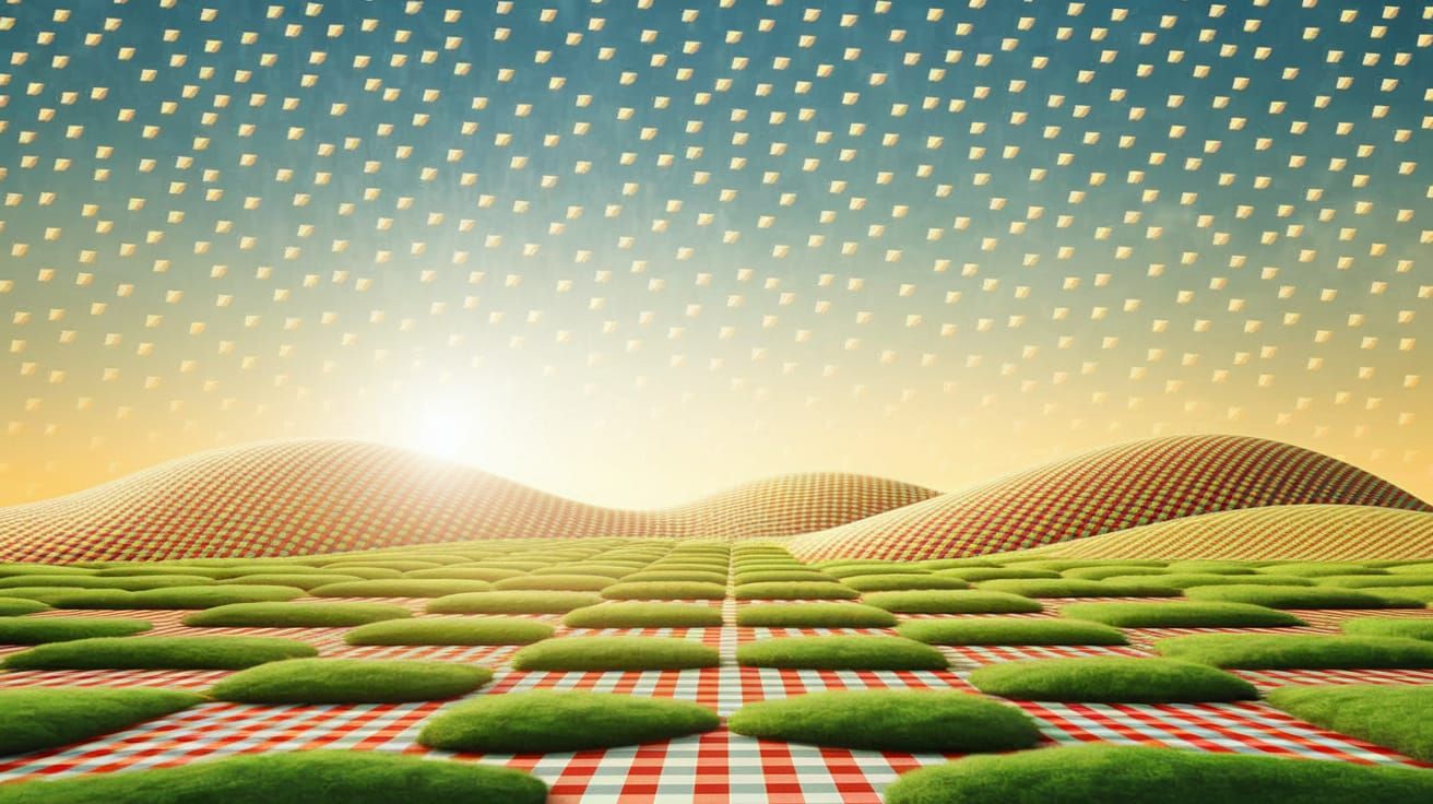 Dreamlike Gingham Landscape in Emerald and Gold