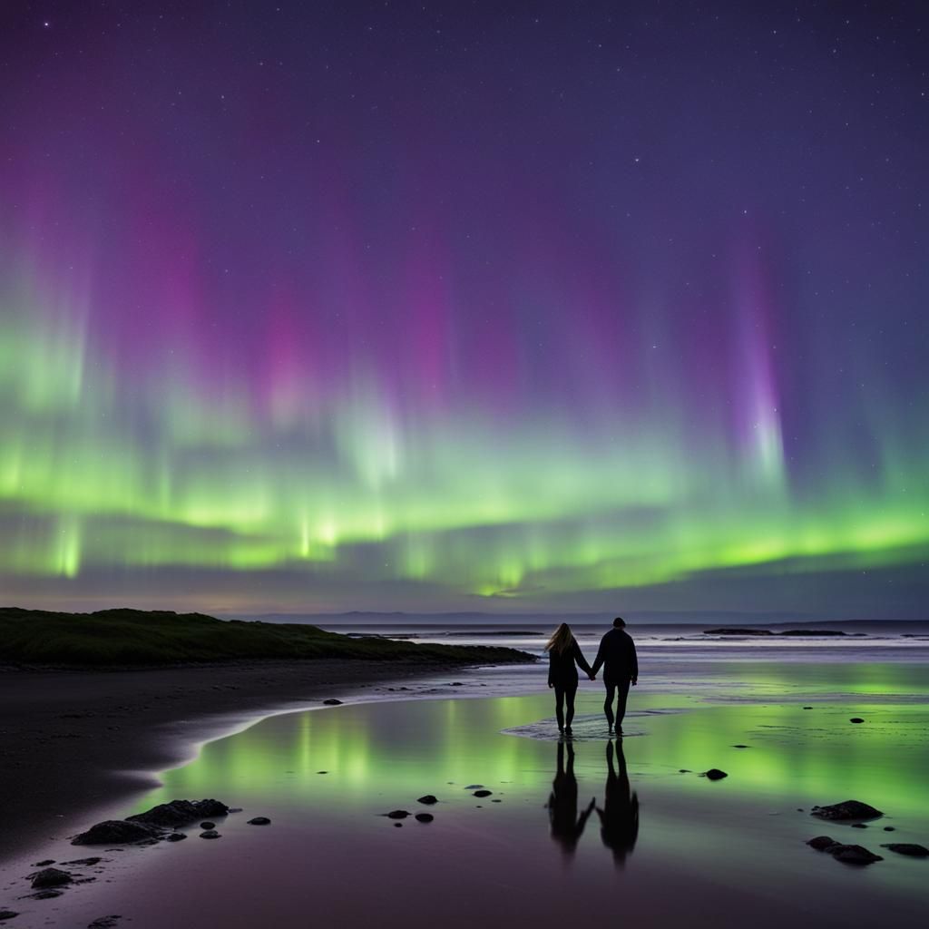 Couple Walking Under Northern Lights Display