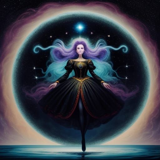 Surreal Woman with Smoke Hair on Floating Island in Nebula