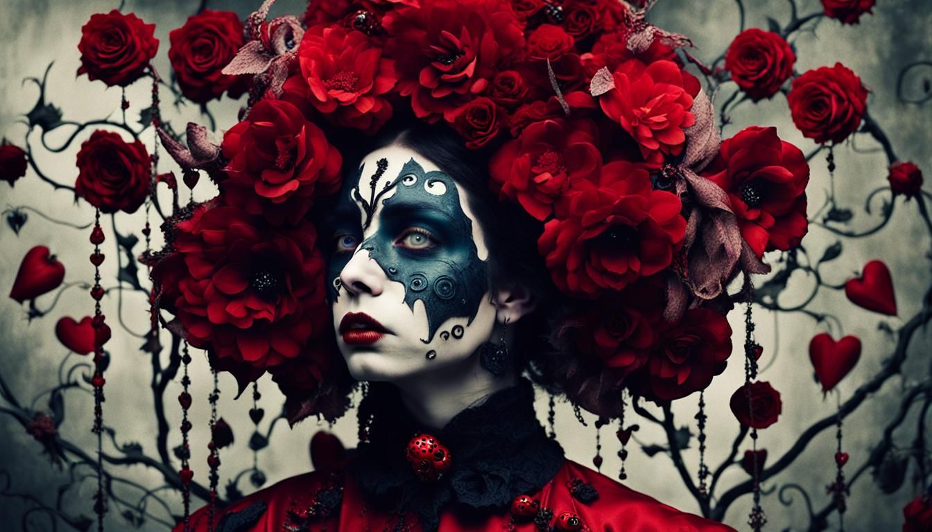 Dark Fantasy Demon in Elaborate Red Fabric, Burton-esque