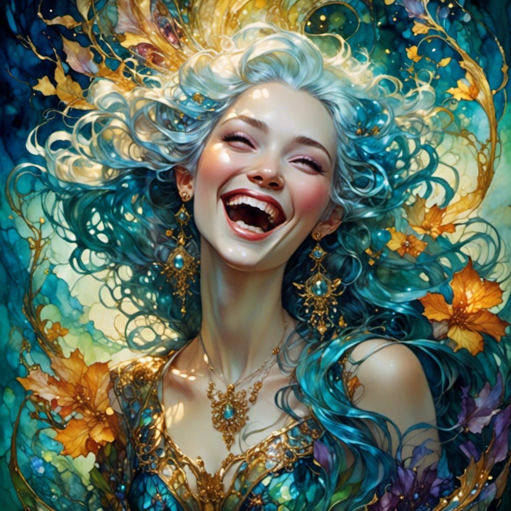 Laughing Silver-Haired Rockstar in Alcohol-Ink Style