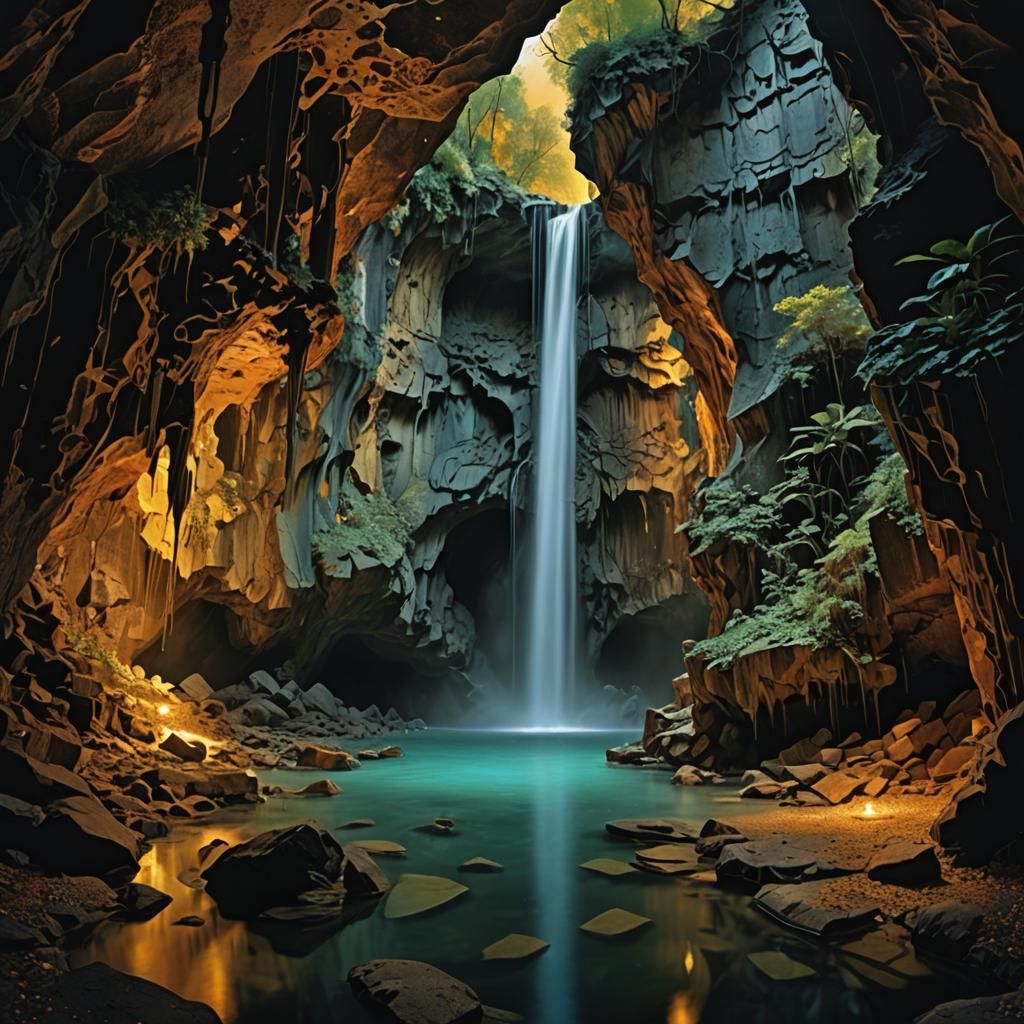 Luminous Woman at Magical Waterfall in Grotto