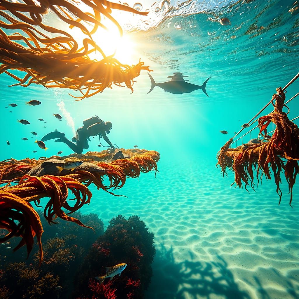 Golden Light Illuminates Serene Underwater World with Lush S...