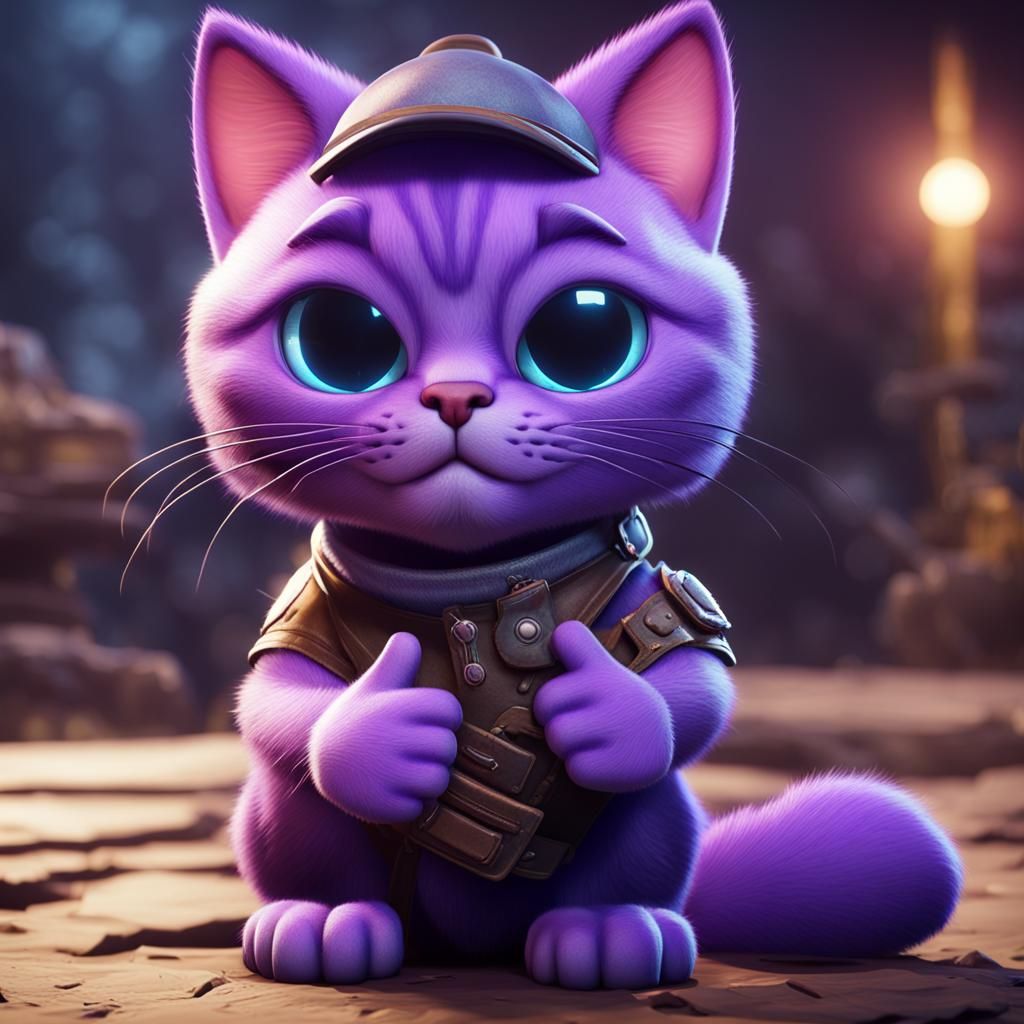 Purple Cat Thumbs Up in 3D Game Style
