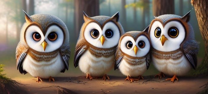Whimsical Owl Family Portrait in Fairy Book Style