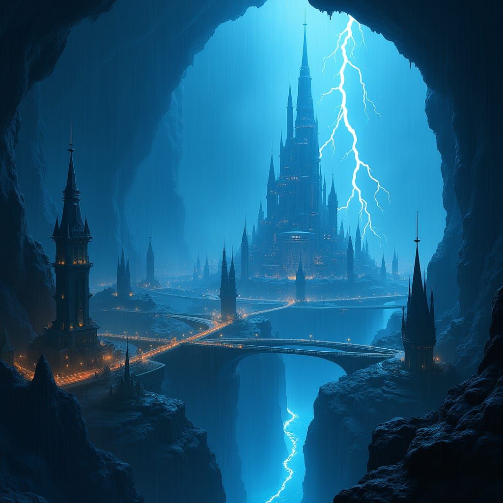 Surreal Fantasy Metropolis in a Dark Cave, Digital Art