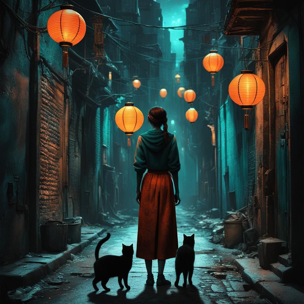 Mysterious Woman with Cat in Dark Fantasy City