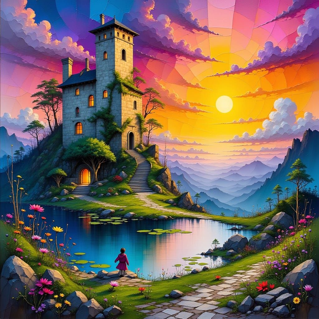 Surreal Sunset Castle with Muted Stone Walls and Serene Pond