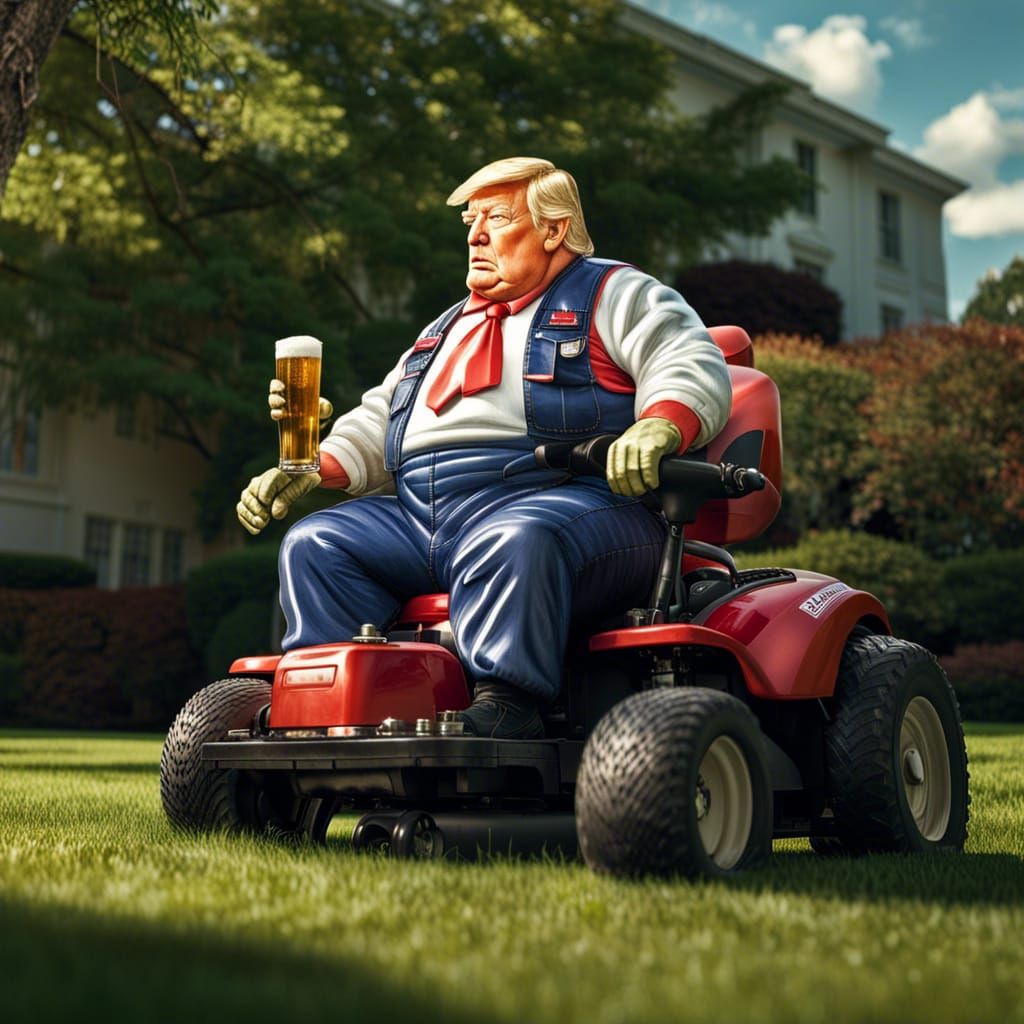 Hyperrealistic Overweight Trump on Lawnmower at White House
