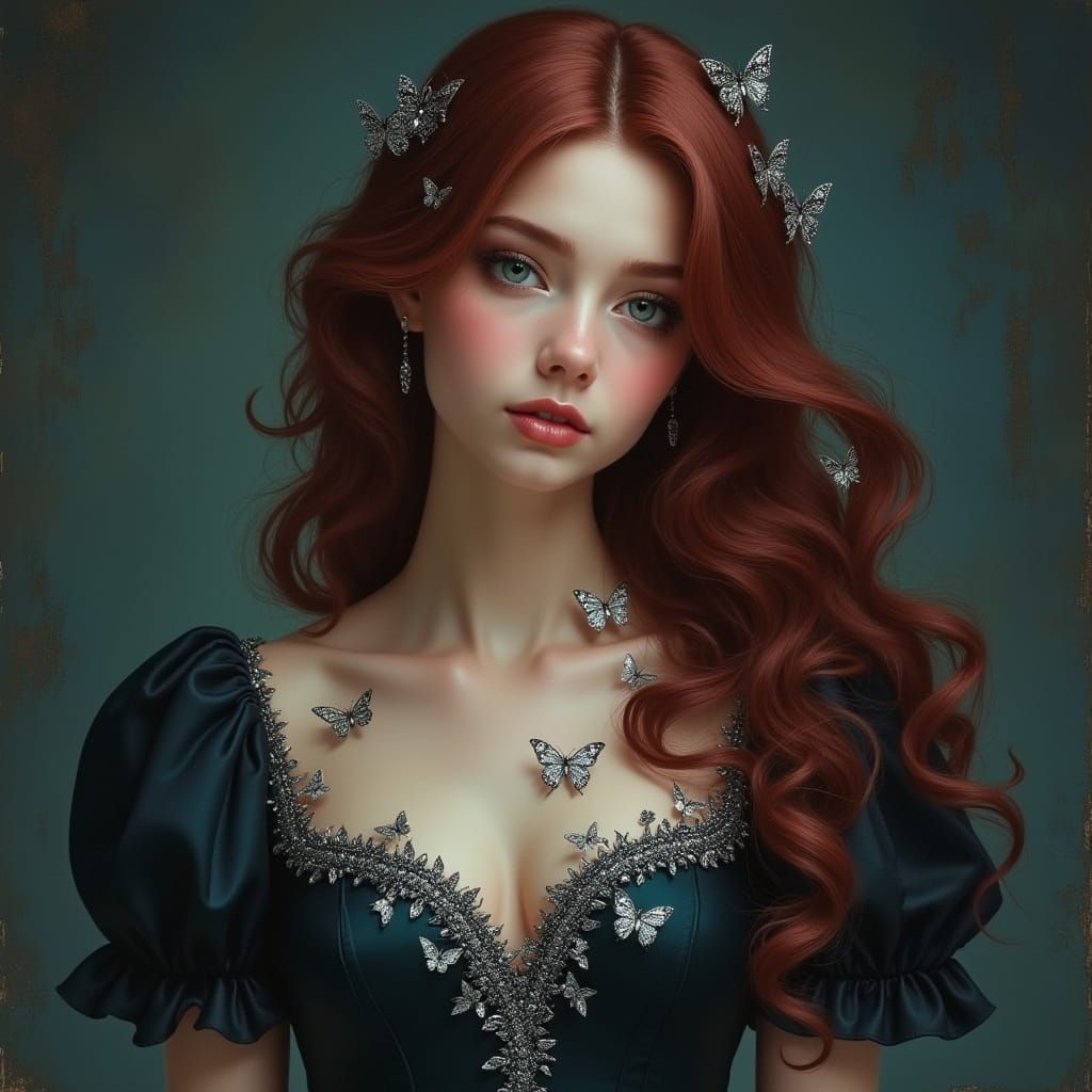 Elegant Woman in Dark Art Nouveau Gown with Silver Butterfli...