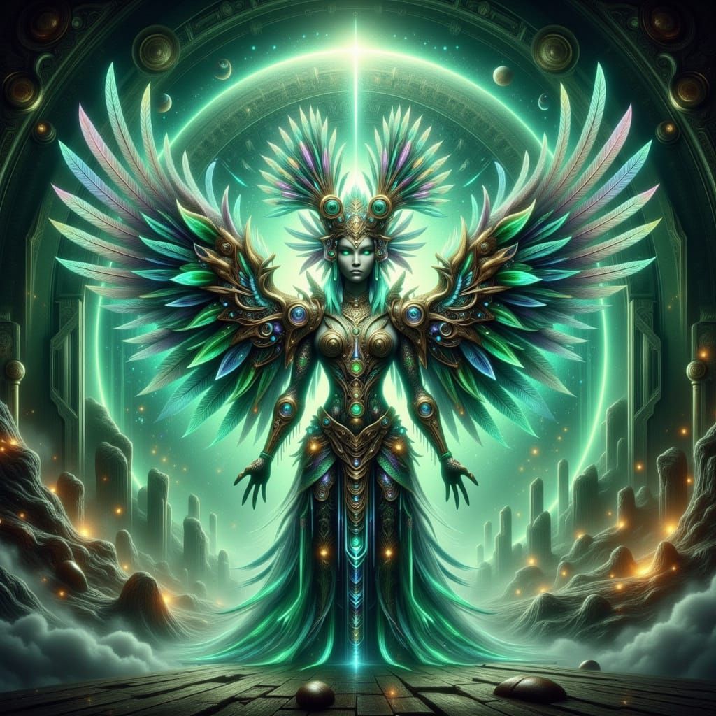 Ethereal Aztec Warrior Stands Guard at Emerald Mist Temple